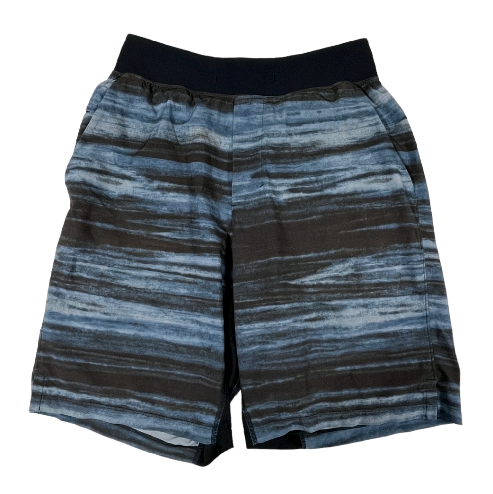 Lululemon Athletic THE Shorts Surge Black Blue Striped‎ Mens Size M  9.5” Inseam